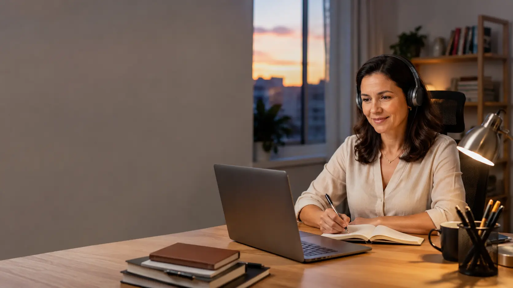 Aluna de fone de ouvido assistindo às aulas da Pós-Graduação EAD da UniÚnica pelo notebook e fazendo anotações em casa